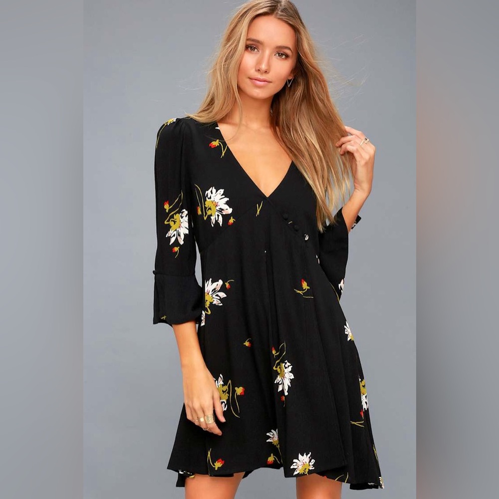 Free People Time On My Side Black Floral Print Wrap Dress